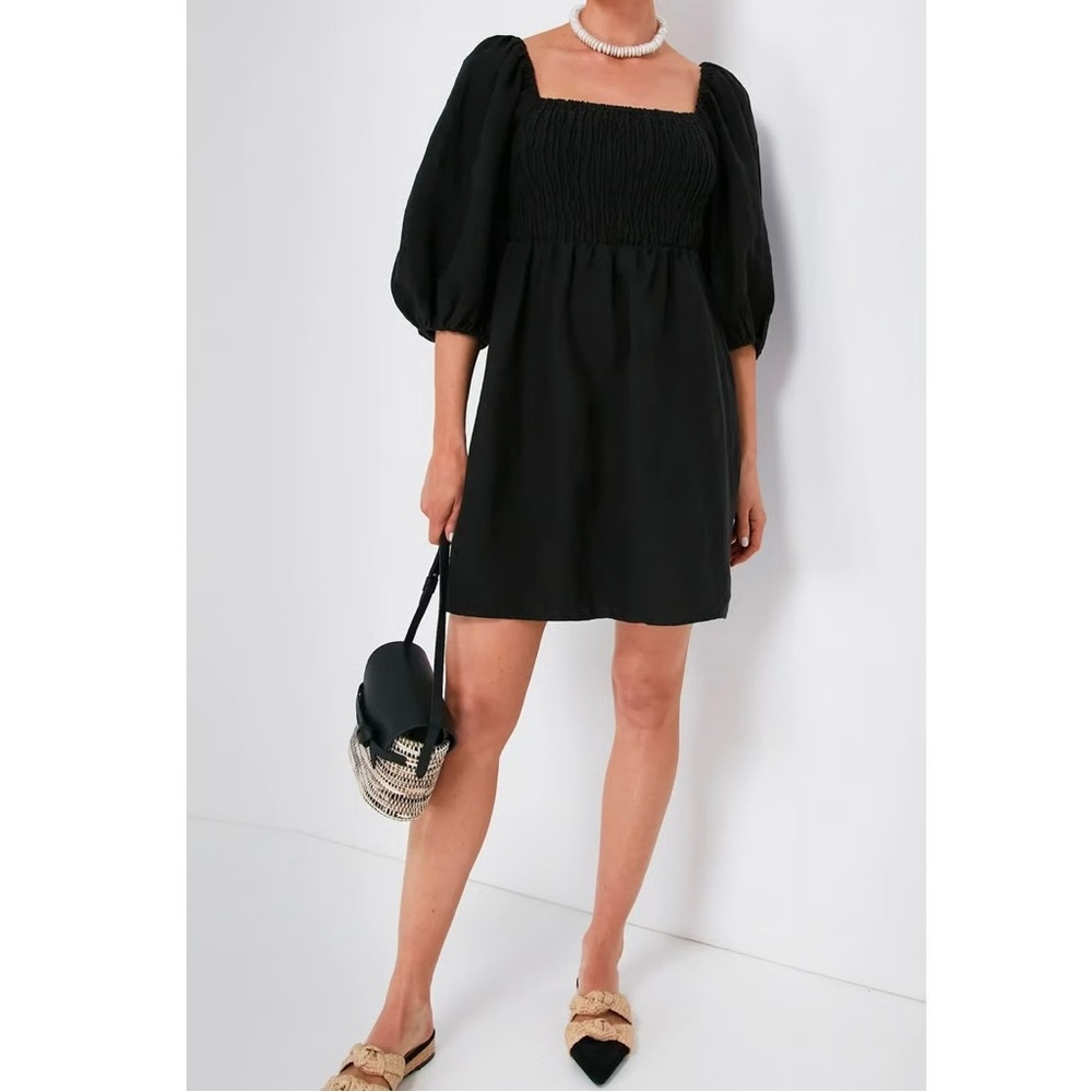 Tuckernuck Annie 100% Linen‎ Smocked Puff Sleeve Dress Black XS